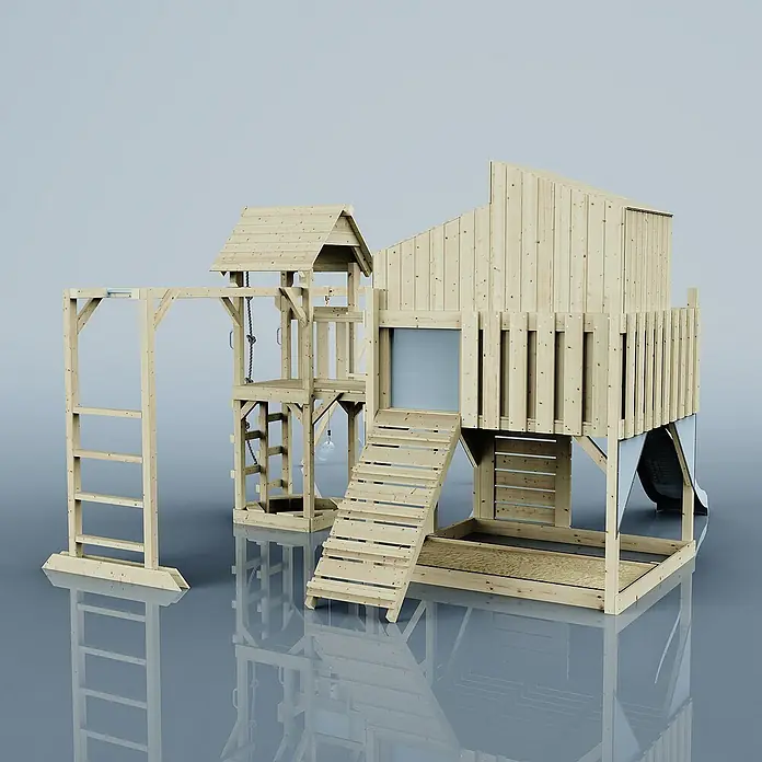 OutdoorToys Kinderspielturm Polarplay Emma - L x B x H: 490 x 503 x 291 cm, Blau - Detailansicht eines hölzernen Kinderspielhauses mit Klettergerüst, Rutsche und Sandkasten. Ideal für den Garten.