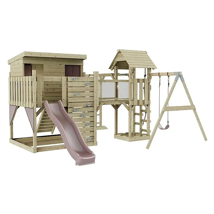 OutdoorToys Kinderspielturm Polarplay Inga - L x B x H: 400 x 503 x 274 cm, Rosa - Holzspielplatz mit Turm, Rutsche, Kletterwand und Schaukel für fantasievolles Spielen im Freien. Das naturbelassene Holz fügt sich gut in den Garten ein.