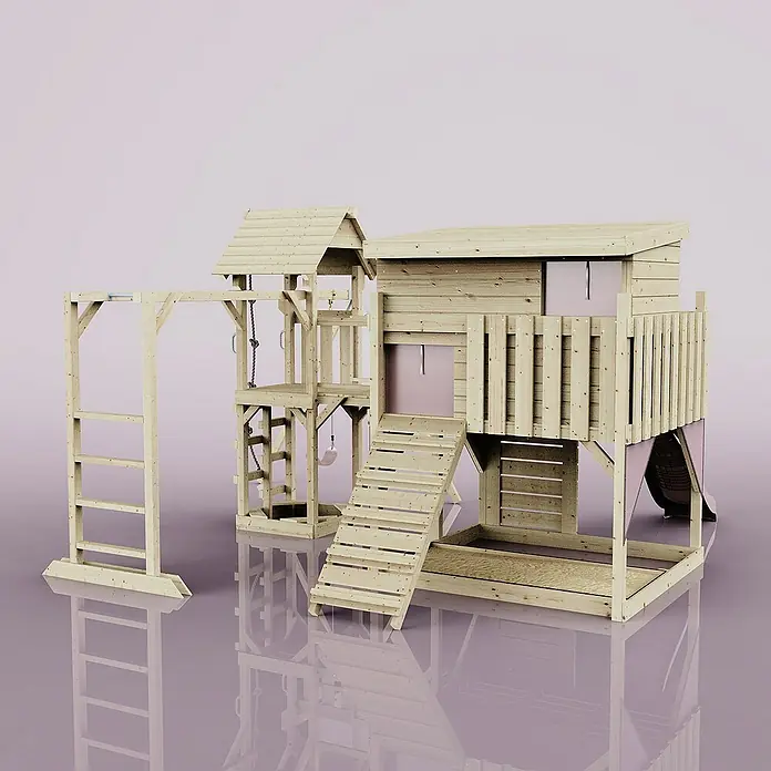 OutdoorToys Kinderspielturm Polarplay Inga - L x B x H: 400 x 503 x 274 cm, Rosa - Ein großes Holzspielhaus mit Leiter, Rutsche und Schaukel für Kinder zum Spielen im Garten. Ideal für stundenlangen Spaß im Freien.