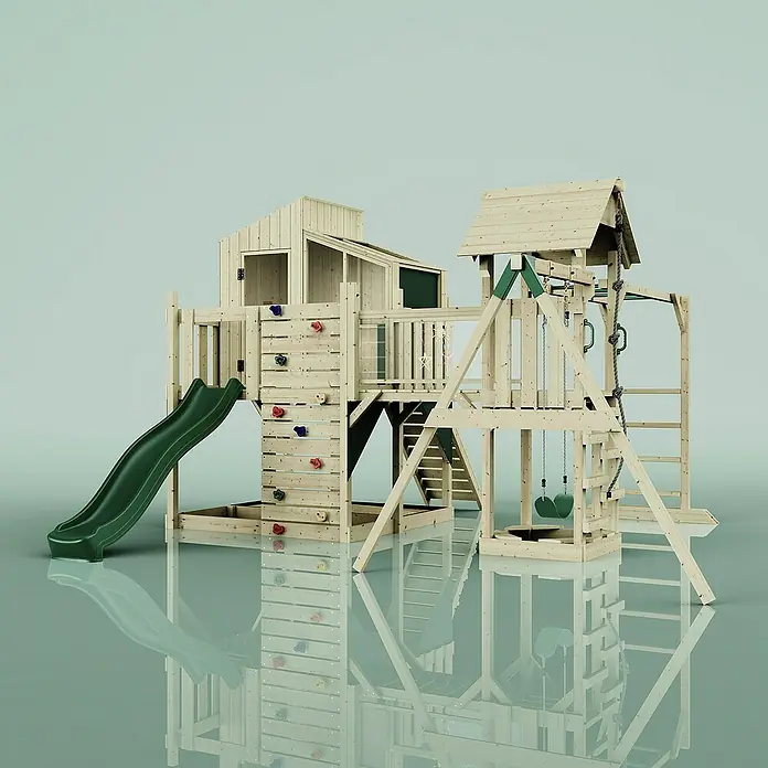 OutdoorToys Kinderspielturm Polarplay Liv - L x B x H: 400 x 503 x 291 cm, Grün - Ein detailreiches Bild eines hölzernen Kinderspielplatzes mit Rutsche, Kletterwand und Schaukeln, ideal für den Garten.