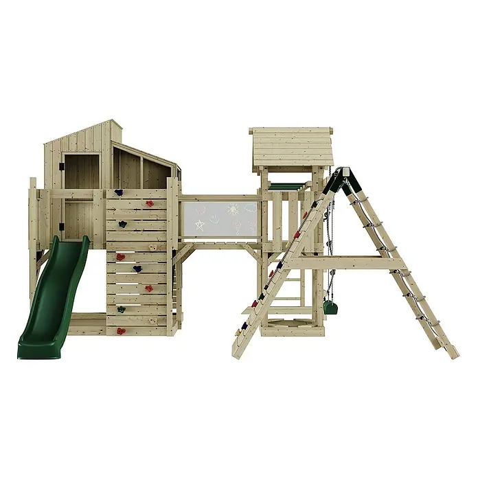 OutdoorToys Kinderspielturm Polarplay Liv - L x B x H: 400 x 503 x 291 cm, Grün - Ein hölzernes Spielhaus mit Rutsche, Kletterwand, Schaukel und Tafel für stundenlangen Spielspaß im Freien.