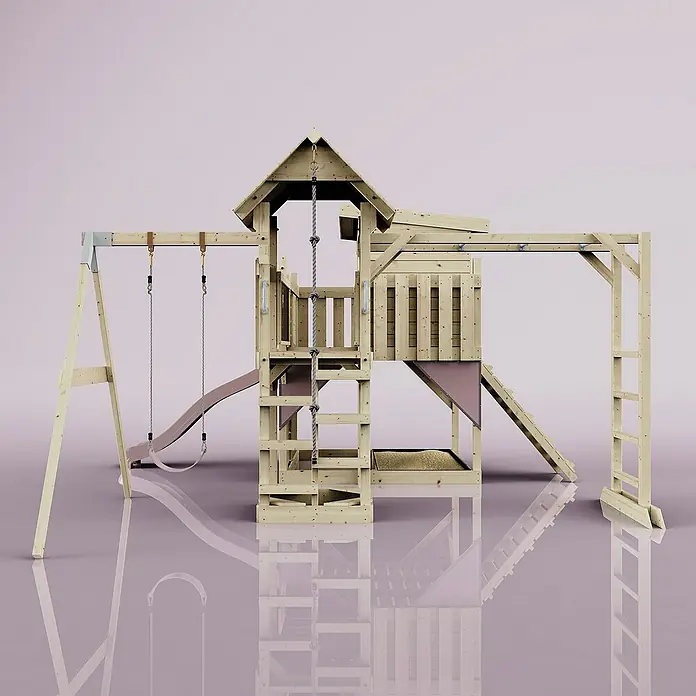 OutdoorToys Kinderspielturm Polarplay Inga - L x B x H: 400 x 503 x 274 cm, Rosa - Ein detailreiches Bild eines hölzernen Kinderspielturms mit Schaukel, Rutsche und Klettergerüst auf reflektierendem Untergrund.