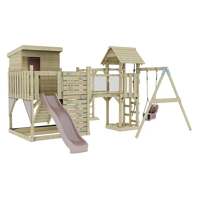 OutdoorToys Kinderspielturm Polarplay Lene - L x B x H: 400 x 503 x 274 cm, Rosa - Holz-Spielplatz mit Turm, Rutsche, Kletterwand und Schaukel für Kinder zum Austoben im Garten.