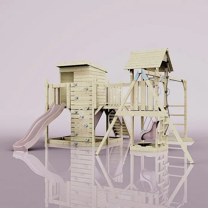 OutdoorToys Kinderspielturm Polarplay Lene - L x B x H: 400 x 503 x 274 cm, Rosa - Holzspielplatz mit Rutsche, Kletterwand, Schaukel und Aussichtsturm für fantasievolles Spielen im Garten.