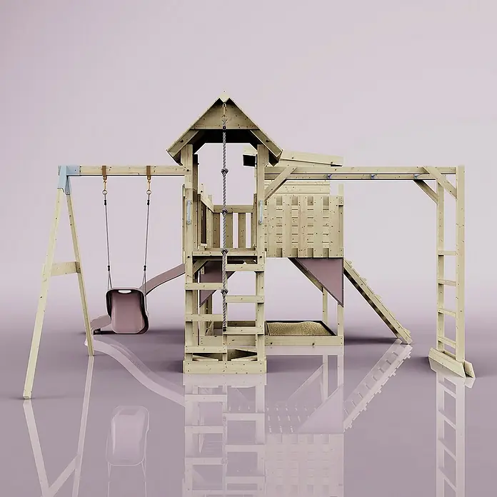 OutdoorToys Kinderspielturm Polarplay Lene - L x B x H: 400 x 503 x 274 cm, Rosa - Holzspielplatz mit Schaukel, Rutsche und Kletterturm für Kinder zum Austoben und Spielen im Freien. Das ideale Spielgerät für den Garten.