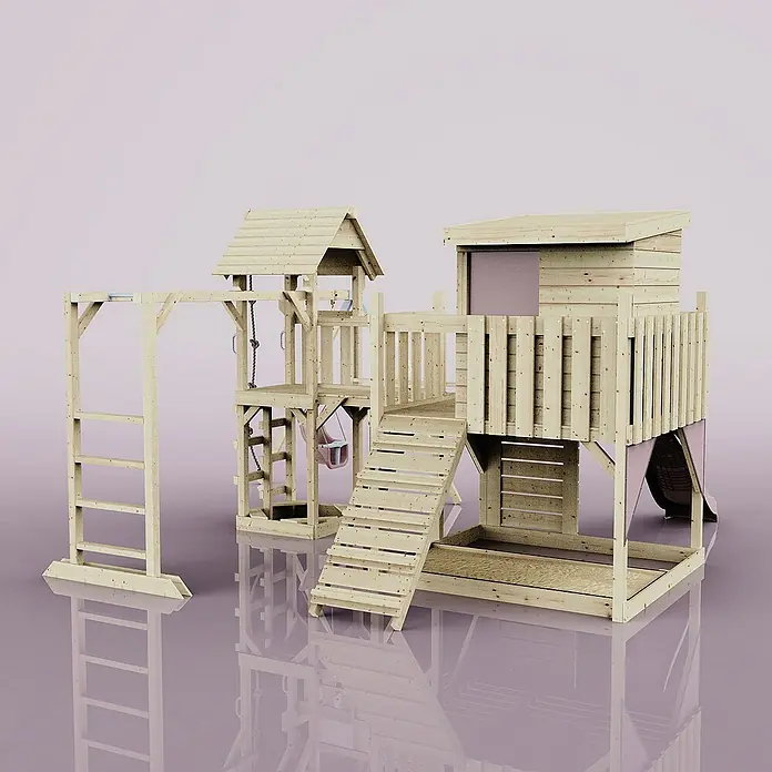 OutdoorToys Kinderspielturm Polarplay Lene - L x B x H: 400 x 503 x 274 cm, Rosa - Ein hölzerner Kinderspielplatz mit Turm, Schaukel und Rutsche für stundenlangen Spielspaß im Freien.
