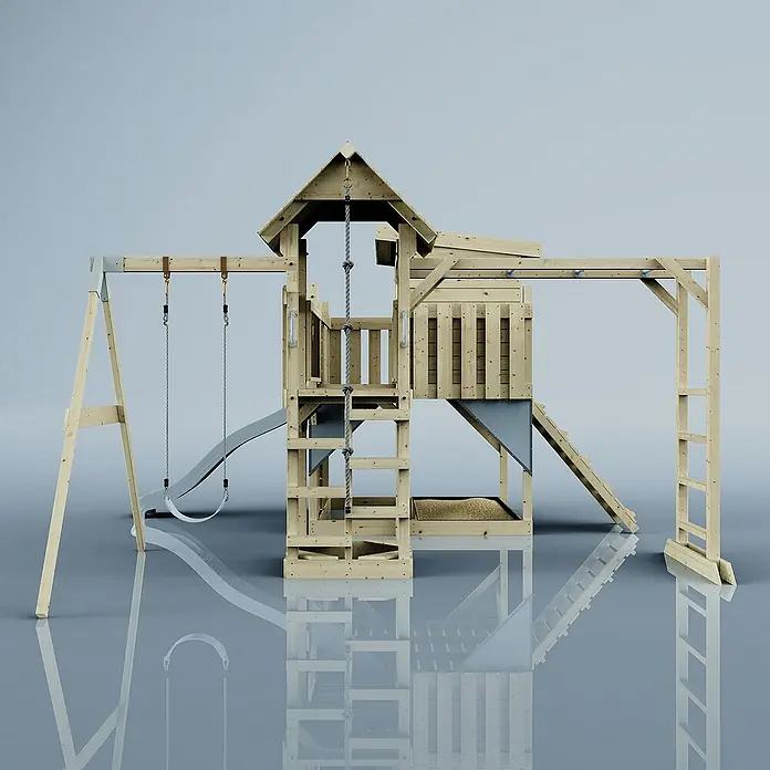OutdoorToys Kinderspielturm Polarplay Inga - L x B x H: 400 x 503 x 274 cm, Blau - Hölzernes Spielgerüst mit Schaukel, Rutsche, Kletterwand und Sandkasten für Kinder zum Spielen und Austoben im Garten.