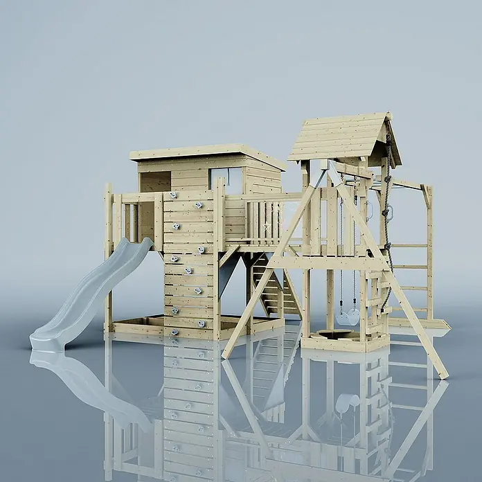 OutdoorToys Kinderspielturm Polarplay Inga - L x B x H: 400 x 503 x 274 cm, Blau - Ein hölzernes Spielhaus mit Rutsche, Kletterwand und Schaukel bietet Kindern vielfältige Spielmöglichkeiten im Garten.