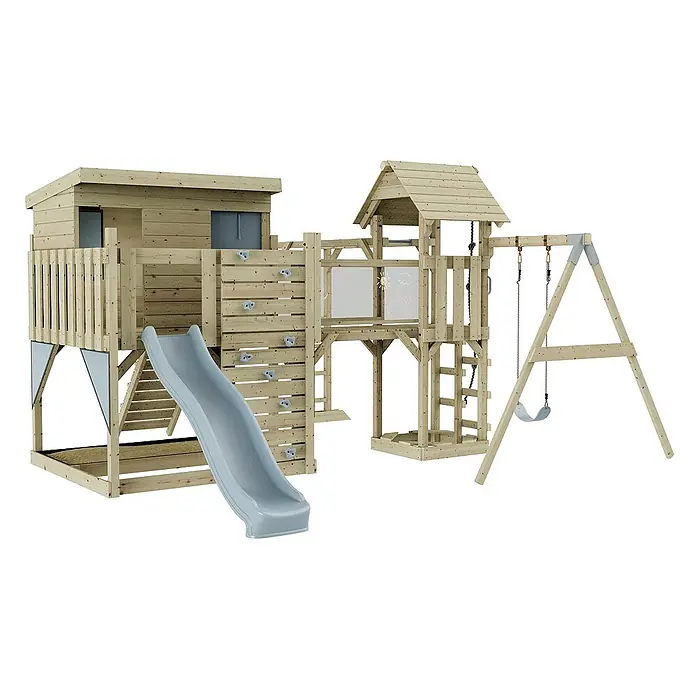 OutdoorToys Kinderspielturm Polarplay Inga - L x B x H: 400 x 503 x 274 cm, Blau - Holzspielplatz mit Rutsche, Kletterwand, Schaukel und Spielhaus für Kinder zum Austoben im Garten.