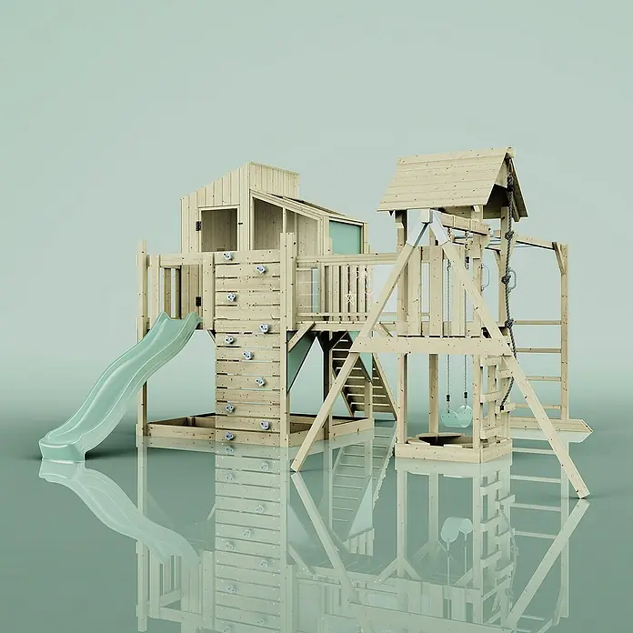 OutdoorToys Kinderspielturm Polarplay Liv - L x B x H: 400 x 503 x 291 cm, Grün - Holzspielturm mit Rutsche, Kletterwand und Schaukel. Ideal für stundenlangen Spielspaß im Garten.