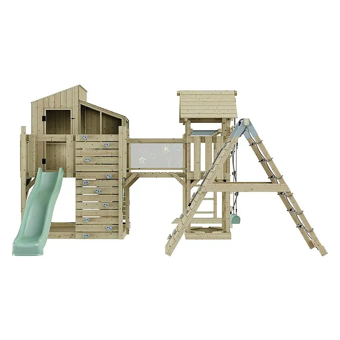 OutdoorToys Kinderspielturm Polarplay Liv - L x B x H: 400 x 503 x 291 cm, Grün - Ein hölzerner Spielplatz mit Rutsche, Kletterwand und Schaukel bietet Kindern vielseitige Spielmöglichkeiten im Freien.