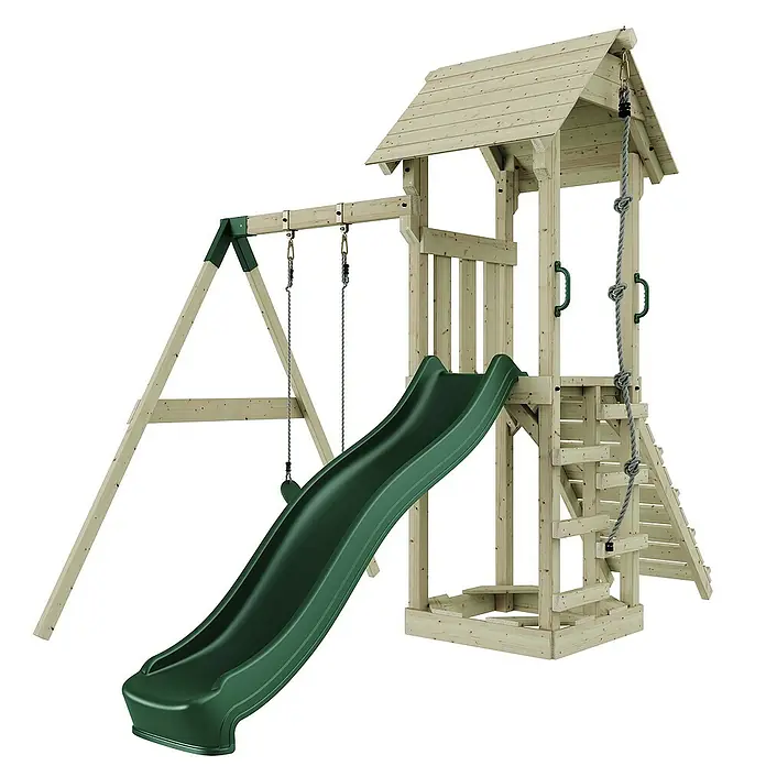 OutdoorToys Kinderspielturm Göteborg - L x B x H: 242 x 357 x 273 cm, Grün - Holzspielplatz mit Schaukel, Rutsche, Kletterwand und Turm. Ideal für Kinder zum Spielen und Austoben im Garten.