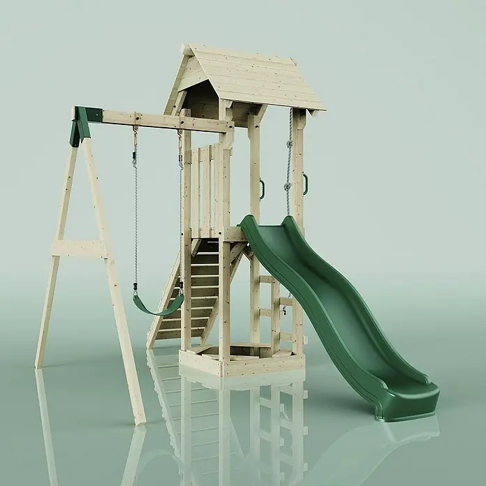 OutdoorToys Kinderspielturm Göteborg - L x B x H: 242 x 357 x 273 cm, Grün - Abbildung eines Spielturms mit Schaukel und Rutsche, ideal für den Garten. Der Turm bietet Kindern vielfältige Spielmöglichkeiten.
