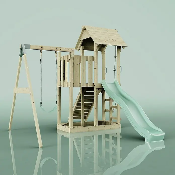 OutdoorToys Kinderspielturm Bergen - L x B x H: 283 x 357 x 273 cm, Grün - Eine detailreiche Aufnahme eines hölzernen Kinderspielhauses mit Schaukel und Rutsche, ideal für den Garten.