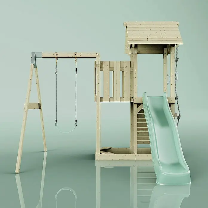 OutdoorToys Kinderspielturm Bergen - L x B x H: 283 x 357 x 273 cm, Grün - Ein hölzernes Spielplatzgerät mit Schaukel, Turm, Rutsche und Kletterseil für Kinder zum Spielen und Spaßhaben im Freien.
