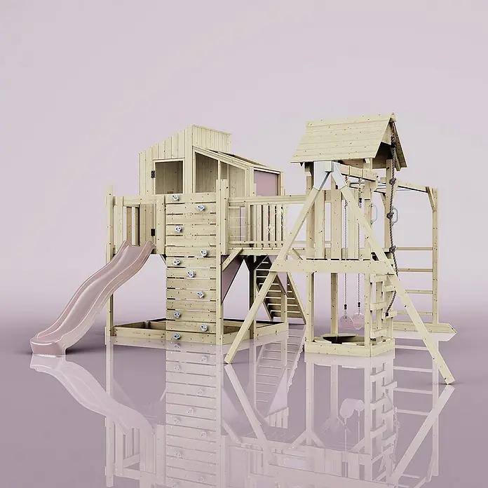 OutdoorToys Kinderspielturm Polarplay Liv - L x B x H: 400 x 503 x 291 cm, Rosa - Geräumiger Spielturm aus Holz mit Rutsche, Kletterwand und Schaukel für stundenlangen Spielspaß im Garten.