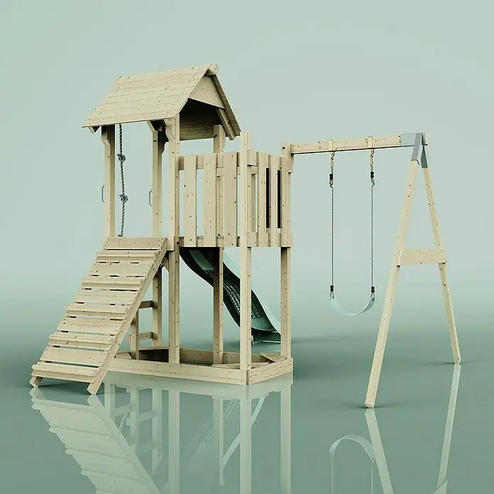 OutdoorToys Kinderspielturm Bergen - L x B x H: 283 x 357 x 273 cm, Grün - Eine hölzerne Spielanlage mit Turm, Rutsche und Schaukel vor einem neutralen Hintergrund. Perfekt für den Garten.