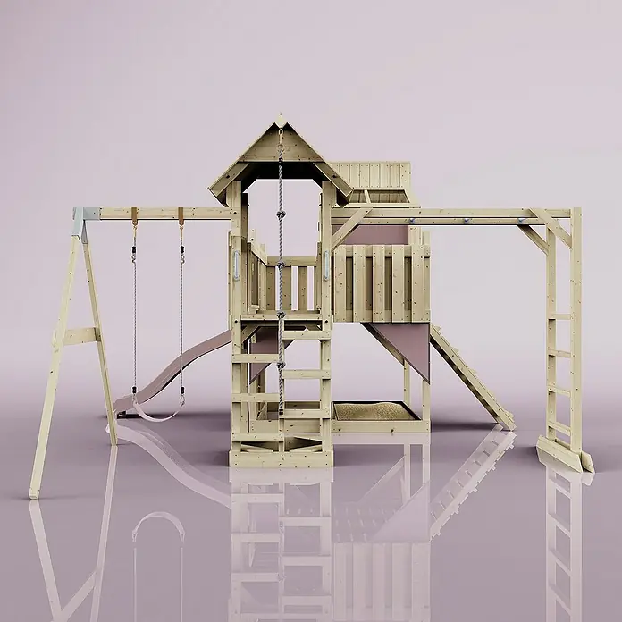 OutdoorToys Kinderspielturm Polarplay Liv - L x B x H: 400 x 503 x 291 cm, Rosa - Holzspielplatz mit Schaukel, Rutsche und Klettergerüst für Kinder zum Spielen im Freien.