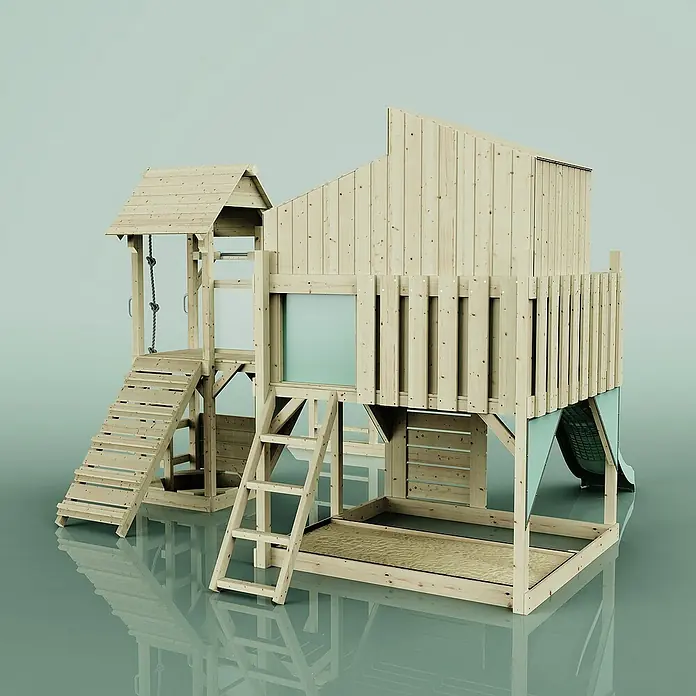 OutdoorToys Kinderspielturm Polarplay Ludvig - L x B x H: 444 x 406 x 291 cm, Grün - Holzspielhaus mit Rutsche, Leiter und Kletterseil für Kinder zum Spielen und Spaß haben im Garten oder im Haus.