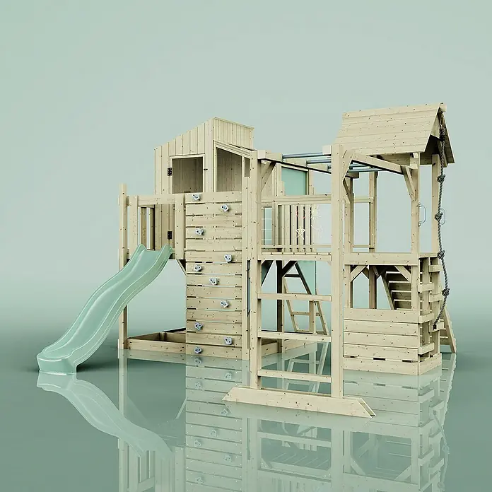 OutdoorToys Kinderspielturm Polarplay Ludvig - L x B x H: 444 x 406 x 291 cm, Grün - Attraktiver Holzspielturm mit Rutsche, Kletterwand und Seil für Kinder. Ideal für stundenlangen Spaß im Garten.