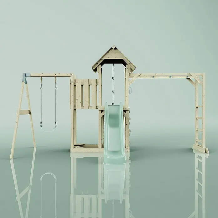 OutdoorToys Kinderspielturm Malmö - L x B x H: 358 x 40 x 275 cm, Grün - Ein hölzernes Spielhaus mit Schaukel und Rutsche, ideal für Kinder zum Spielen und Spaß haben im Garten.