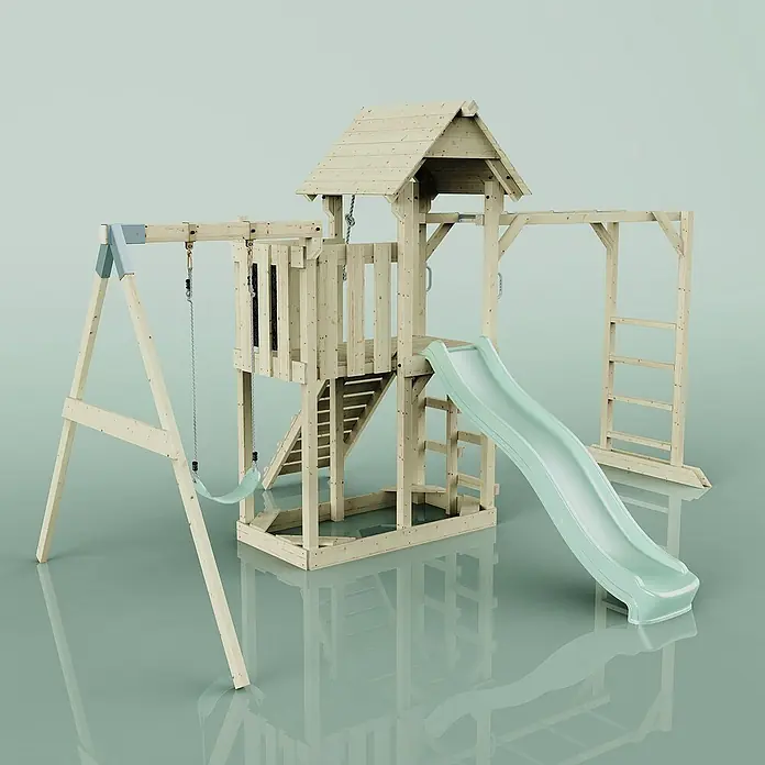 OutdoorToys Kinderspielturm Malmö - L x B x H: 358 x 40 x 275 cm, Grün - Abbildung eines Holzspielplatzes mit Schaukeln, Rutsche, Klettergerüst und einem kleinen Spielhaus. Ideal für Spaß im Freien.
