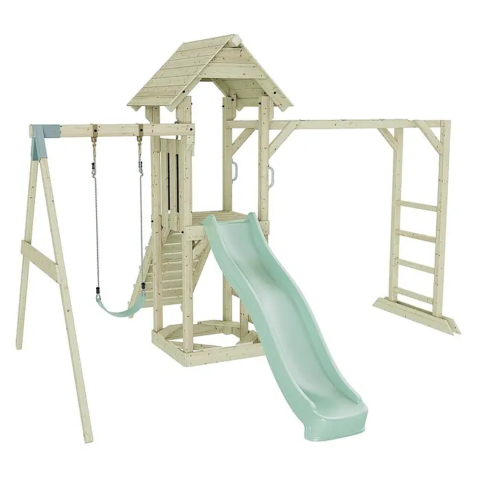 OutdoorToys Kinderspielturm Malmö - L x B x H: 358 x 40 x 275 cm, Grün - Ein vielseitiger Spielplatz aus Holz mit Schaukel, Rutsche und Klettergerüst bietet Kindern Spaß und Bewegung im Freien.
