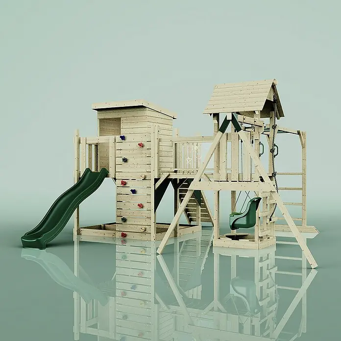 OutdoorToys Kinderspielturm Polarplay Lene - L x B x H: 400 x 503 x 274 cm, Grün - Ein detailreiches Bild eines Kinderspielplatzes mit Rutsche, Kletterwand und Schaukel vor einem neutralen Hintergrund.