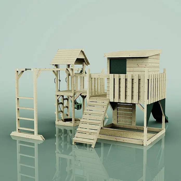 OutdoorToys Kinderspielturm Polarplay Lene Grün - Holz, Grün - Das hölzerne Klettergerüst bietet stundenlangen Spaß im Freien mit Rutsche, Schaukel und Kletterwand. Ideal für aktive Kinder!