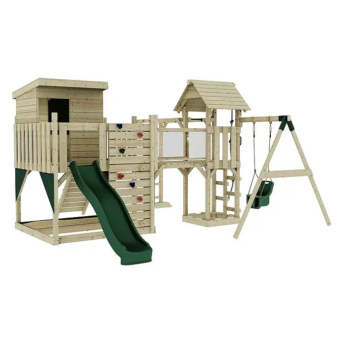 OutdoorToys Kinderspielturm Polarplay Lene - L x B x H: 400 x 503 x 274 cm, Grün - Ein detailreiches Bild eines Spielplatzes mit Turm, Rutsche, Kletterwand und Schaukel, ideal für aktive Kinder.