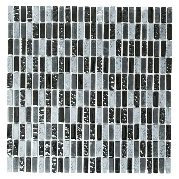 Mosaikfliese Stäbchen Crystal Mix XCM XS99 - 31,3 x 31,8 cm, Grau/Schwarz, Glänzend - Nahaufnahme einer rechteckigen Mosaikfliese in Schwarz-, Grau- und Weißtönen mit verschiedenen Texturen.