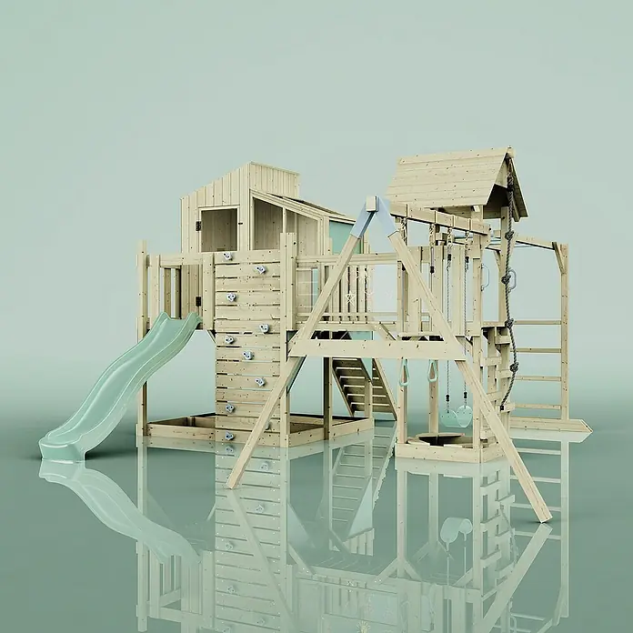 OutdoorToys Kinderspielturm Polarplay Emma - L x B x H: 490 x 503 x 291 cm, Grün - Hölzerner Spielplatz mit Rutsche, Schaukel und Kletterwand für stundenlangen Spaß im Freien. Perfekt für aktive Kinder!