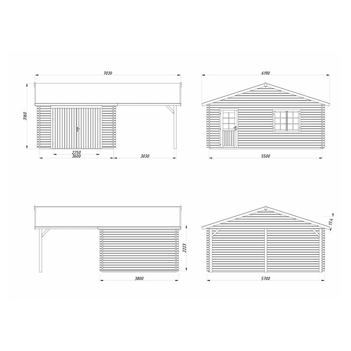 Palmako Garaje con carport Roger con puerta abatible (Medidas ext. (An x Pr): 703 cm x 619 m, Natural, Madera, 19 m², Incluye puerta de madera) | BAUHAUS