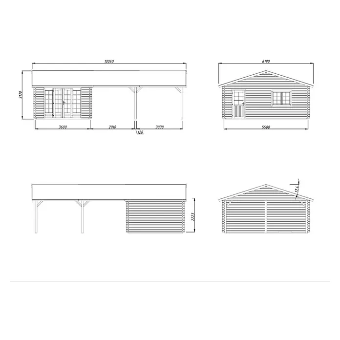 Palmako Gartenhaus Irene - Außenmaß inkl. Dachüberstand (B x T): 1.006 x 619 cm, Tauchgrundiertes Holz, Grau - Bauplan eines Carports mit Schuppen.