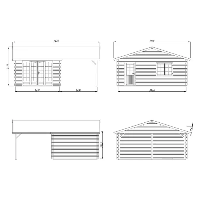 Palmako Gartenhaus Irene - Außenmaß inkl. Dachüberstand (B x T): 703 x 619 cm, Tauchgrundiertes Holz, Hellbraun - Technische Zeichnung eines Holzgartenhauses mit Carport, Maße inklusive Dachüberstand und Höhe sind angegeben.