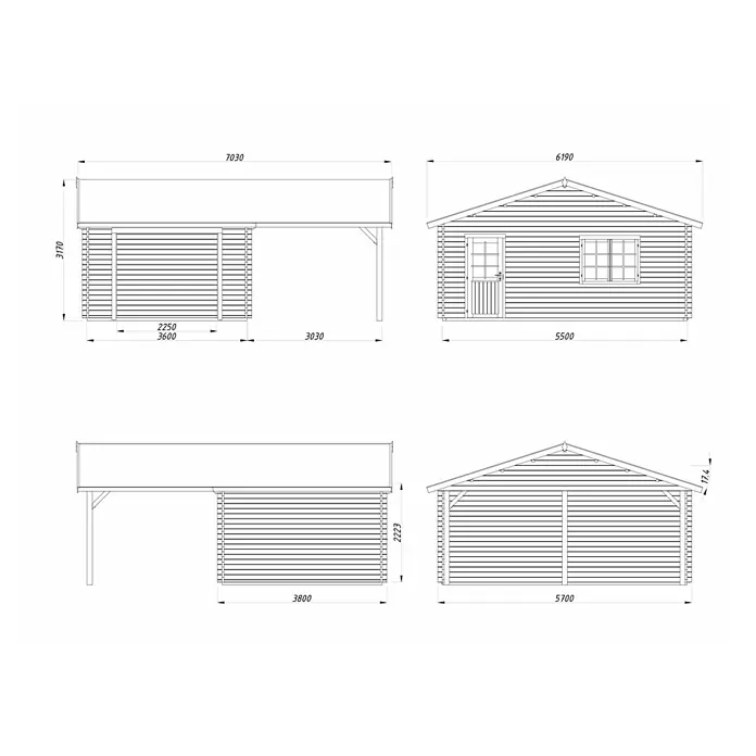 Palmako Garaje con carport Roger sin puerta - Medidas ext. (An x Pr): 706 x 619 cm, Natural, Madera, 19 m², Sin tratar - Ilustración de una casa de madera con medidas detalladas y vistas para la planificación/construcción.
