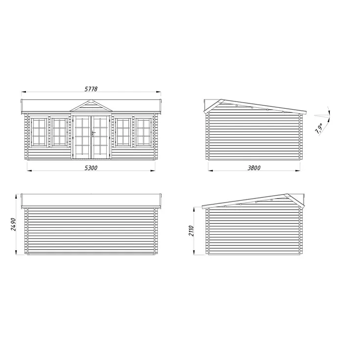 Palmako Gartenhaus Claudia Pent - Außenmaß inkl. Dachüberstand (B x T): 578 x 425 cm, Unbehandeltes Holz, Natur - Technische Zeichnung eines Holzhauses mit Maßen. Ansichten von vorne, Seite und oben zeigen die Details des Designs.