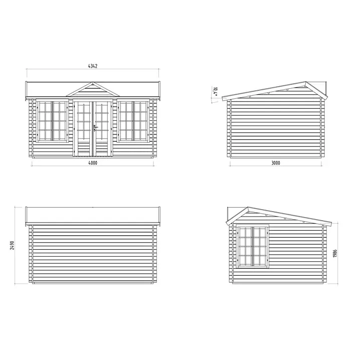 Palmako Gartenhaus Claudia Pent - Außenmaß inkl. Dachüberstand (B x T): 440 x 346 cm, Unbehandeltes Holz, Natur - Ansichten des Blockbohlenhauses mit Abmessungen. Das Gartenhaus hat Fenster und Doppeltür und geneigtes Dach.
