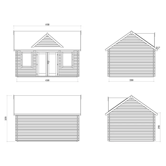 Palmako Gartenhaus Claudia - Außenmaß inkl. Dachüberstand (B x T): 494 x 376 cm, Tauchgrundiertes Holz, Grau - Abbildung des Grundrisses eines Holzhauses mit Maßangaben.