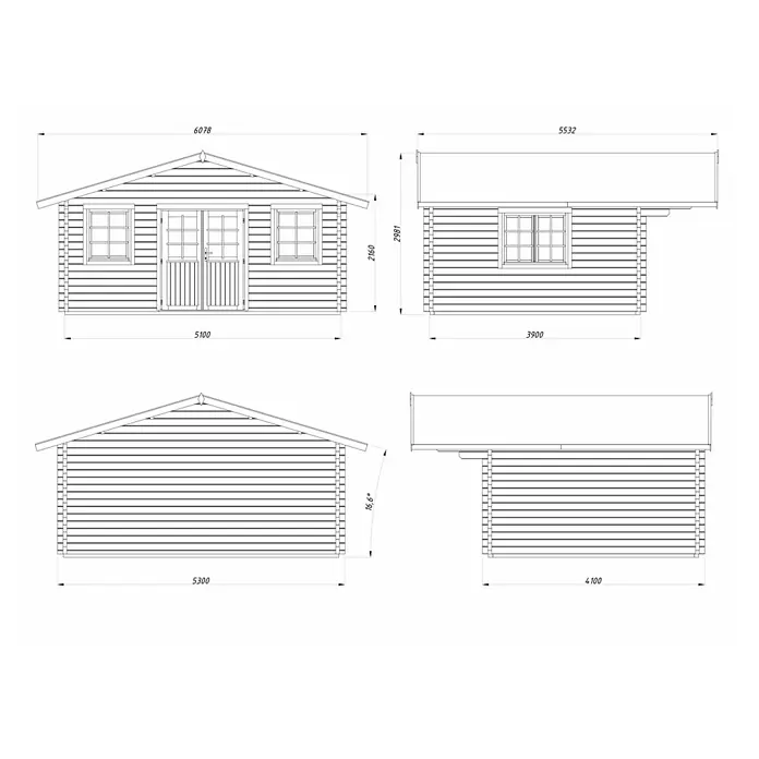 Palmako Gartenhaus - Außenmaß inkl. Dachüberstand (B x T): 608 x 554 cm, Holz, Natur, tauchgrundiert - Technische Zeichnung eines Holzhauses mit Maßen, einschließlich Vorder-, Seiten- und Rückansichten zur detaillierten Planung.