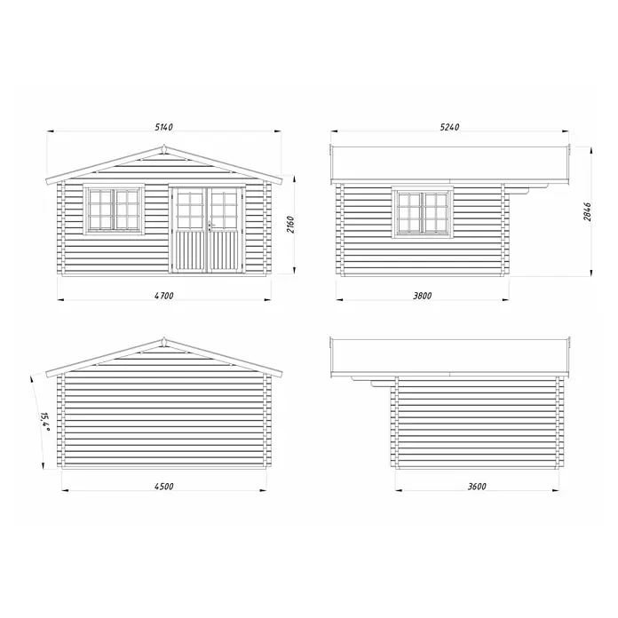 Palmako Gartenhaus - Außenmaß inkl. Dachüberstand (B x T): 514 x 524 cm, Holz, Grau - Skizze eines Holzhauses mit Abmessungen, das Design mit einer Tür und Fenstern zeigt.
