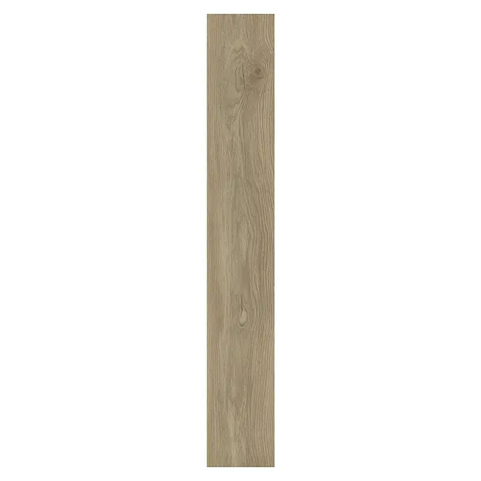 Laminado Cashmere - 1.285 x 192 x 8 mm, Marrón, AC4 - Detalle de una sola lámina de suelo laminado de roble claro, mostrando el patrón natural de la veta de la madera y los nudos.