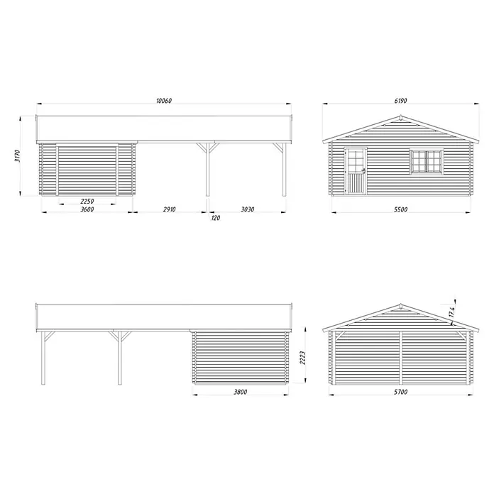 Palmako Garage Roger - Außenmaß inkl. Dachüberstand (B x T): 1.006 x 619 cm, Grau, Holz, 19 m², Ohne Tor - Produktansicht: Detaillierte technische Zeichnung eines Holzhauses mit Carport, inklusive aller Maße für Bau und Planung.