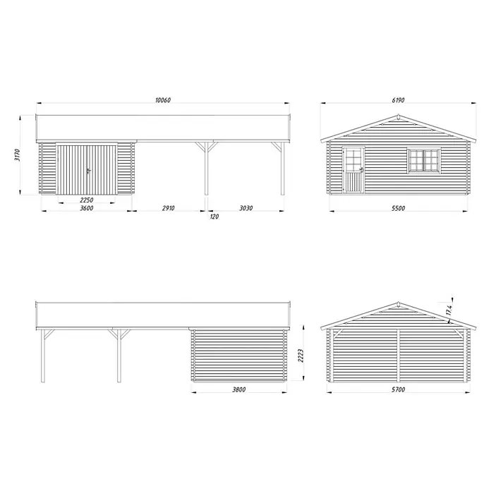 Palmako Garage Roger - Außenmaß inkl. Dachüberstand (B x T): 1.006 x 619 cm, Transparent tauchgrundiert, Holz, 19 m², inkl. Holztor - Bauplan eines Holzhauses mit Garage und Carport, detaillierte Ansicht mit Maßen.
