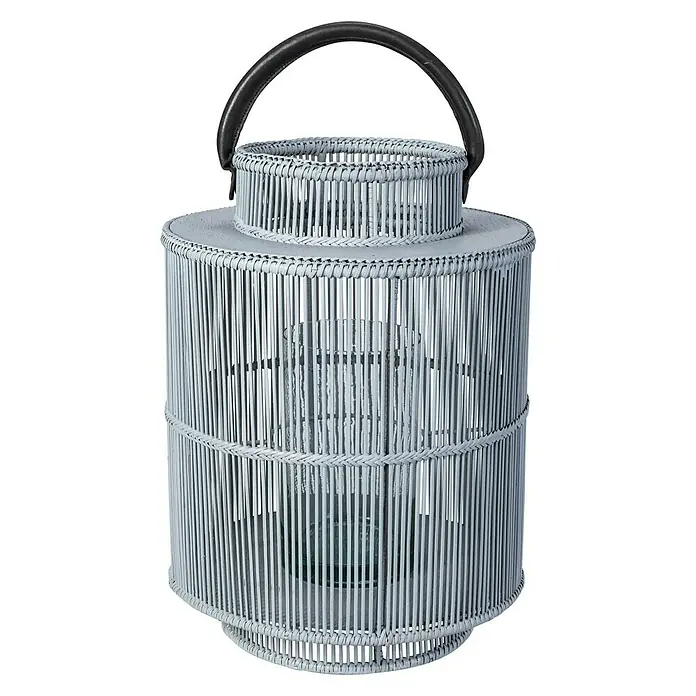 Farolillo alto - Altura: 43 cm, Gris - Linterna decorativa gris con asa de cuero negro. La linterna tiene un diseño tejido y una forma cilíndrica.