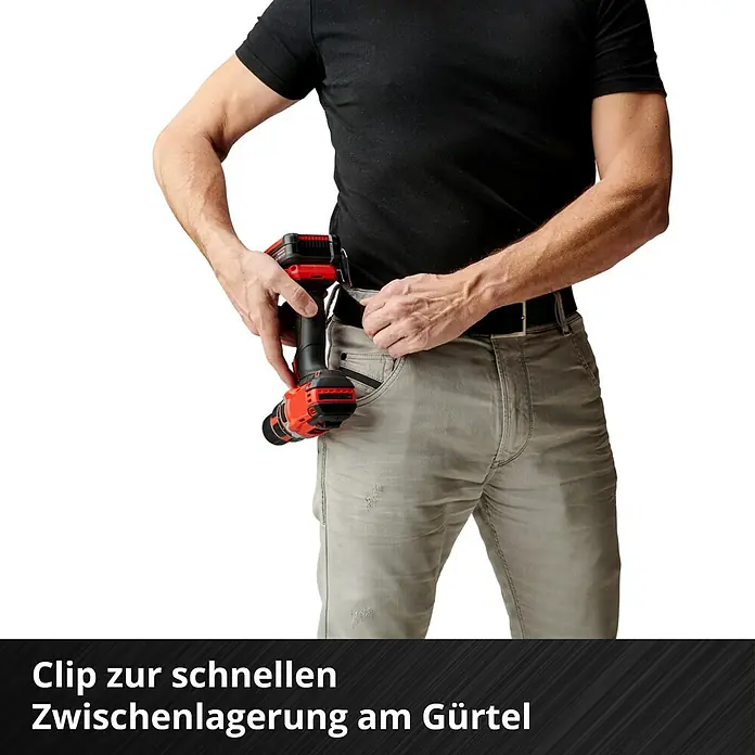 Einhell Power X-Change 18V Akku-Schlagbohrschrauber TP-CD 18/50 Li-i BL Solo - 18 V, 2 Akkus, 2 Ah, 50 Nm - Clip zur schnellen Zwischenlagerung am Gürtel. Der Akku-Bohrschrauber in Rot/Schwarz wird mit einem Clip am Gürtel befestigt.