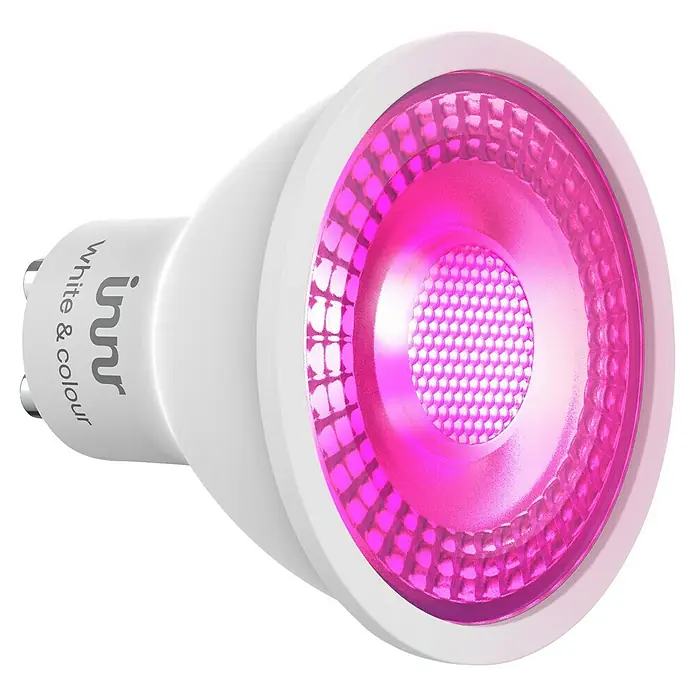 Innr Lighting Smart-LED-Lampe - GU10, Dimmbar, RGBW, 410 lm, 4,9 W, 1 Stk. - Produktansicht einer Innr Smart Glühbirne, die weißes und farbiges Licht spendet, perfekt für stimmungsvolle Beleuchtung.
