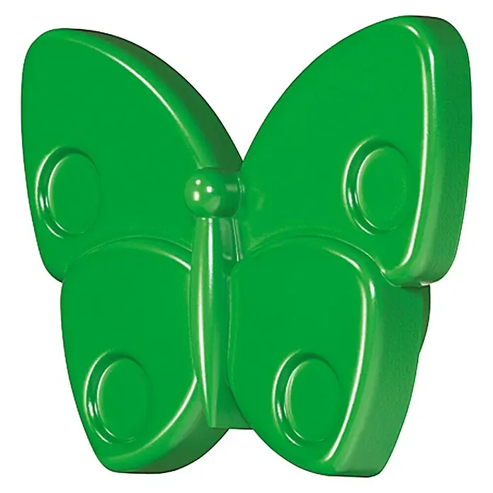 Kinder-Möbelknopf - Knopf, Ø x H: 70 x 53 mm, Grün, Schmetterling - Nahaufnahme eines grünen Schmetterlingsspielzeugs mit vier Flügeln und kreisförmigen Details, perfekt für Kinder.