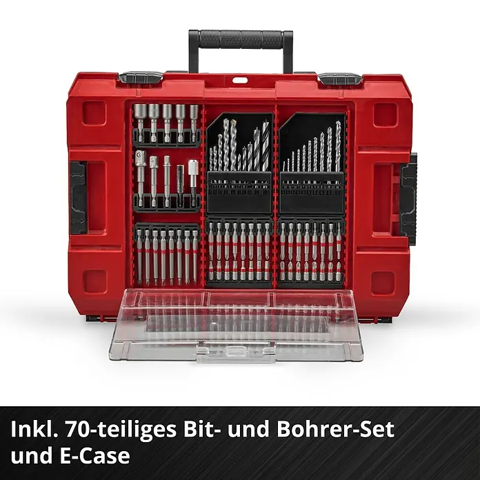 Einhell Power X-Change 18V Akku-Schlagbohrschrauber TP-CD 18/70 Li-i BL - 18 V, 1 Akku, 3 Ah, 70 Nm - Das 70-teilige Bit- und Bohrerset inklusive E-Case bietet eine umfangreiche Auswahl an Werkzeugen für verschiedene Anwendungen.