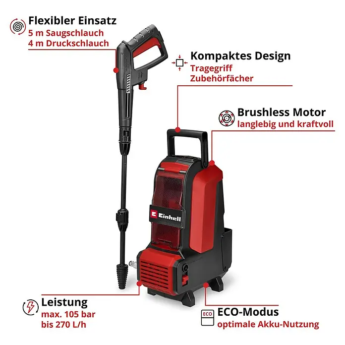 Einhell Power X-Change 18V Akku-Hochdruckreiniger Hypresso 36/105 - 36 V, Ohne Akku - Abbildung eines Einhell Akku-Hochdruckreinigers mit Lanze, der durch sein kompaktes Design und den bürstenlosen Motor überzeugt.